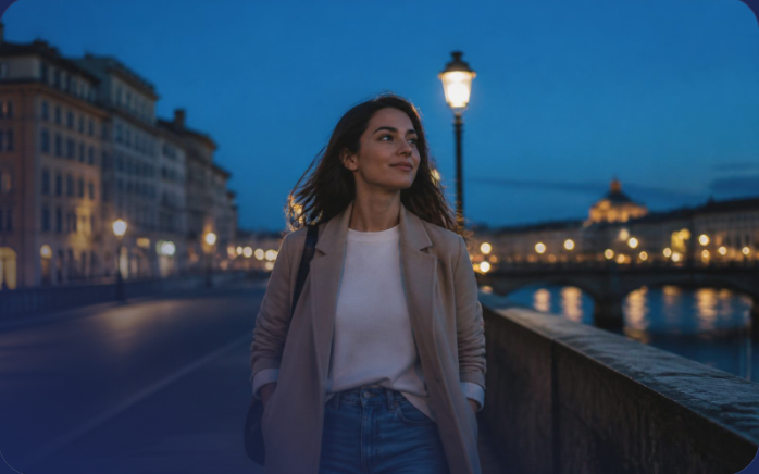 Femme marchant sereinement en ville le soir